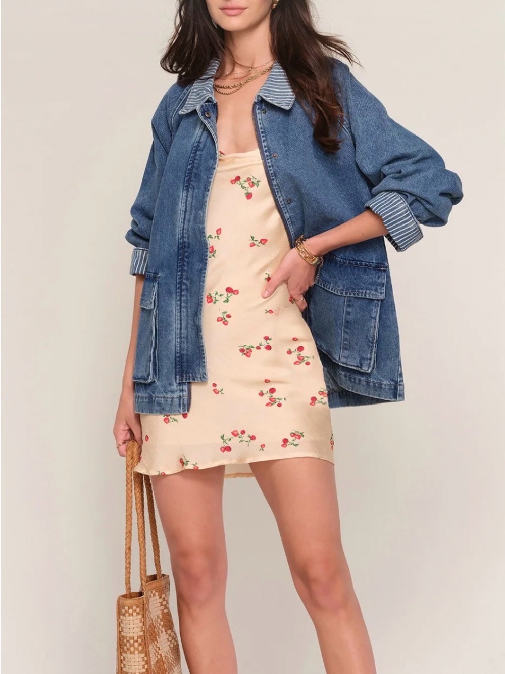 Denim Jacket with Striped Collar - Blue